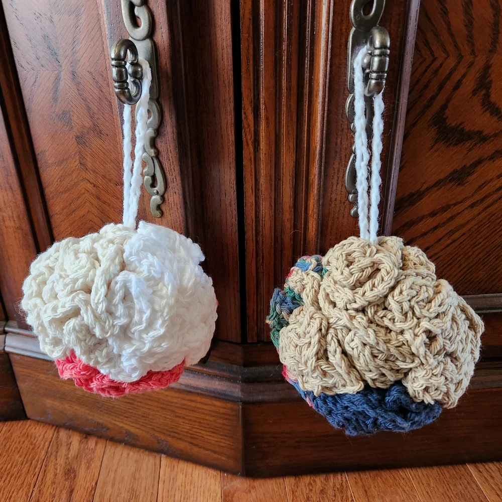Crochet Set of 2 Tan Multi-colored Shower Poufs